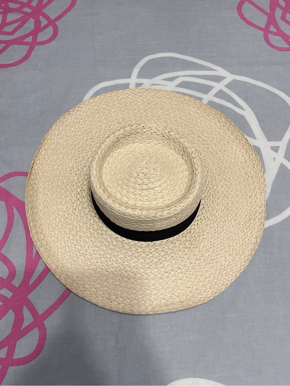 Floppy Woven Beige Straw Hat With Black Ribbon